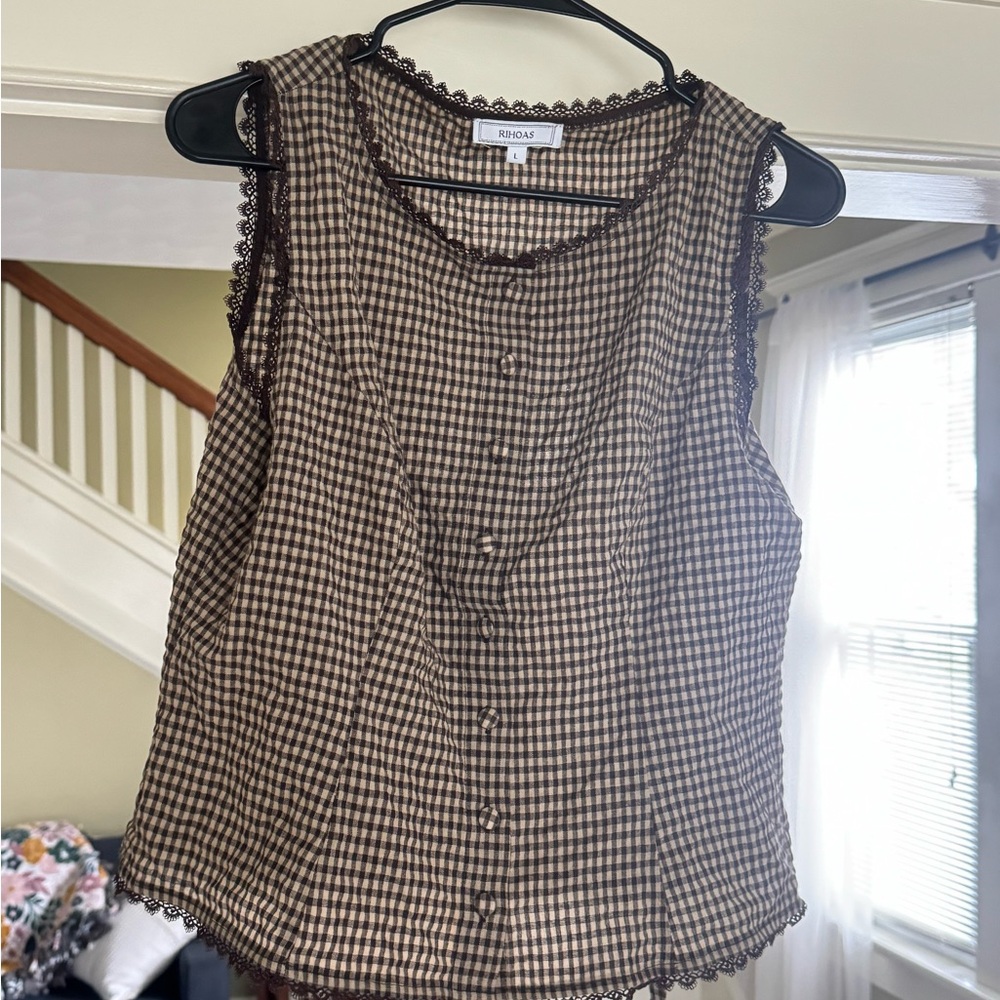 Rogue Brown Checkered Lace Trim Blouse